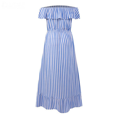 Off The Shoudler Striped Irregular Long Dresses-STYLEGOING