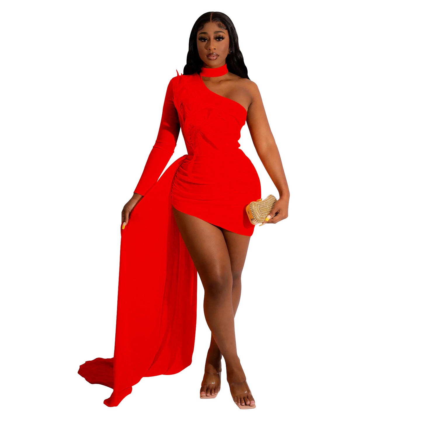 Sexy Feather Design One Shoulder Evening Party Dresses