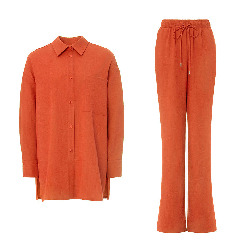 Casual Long Sleeves Shirts and Wide Legs Pants Suits