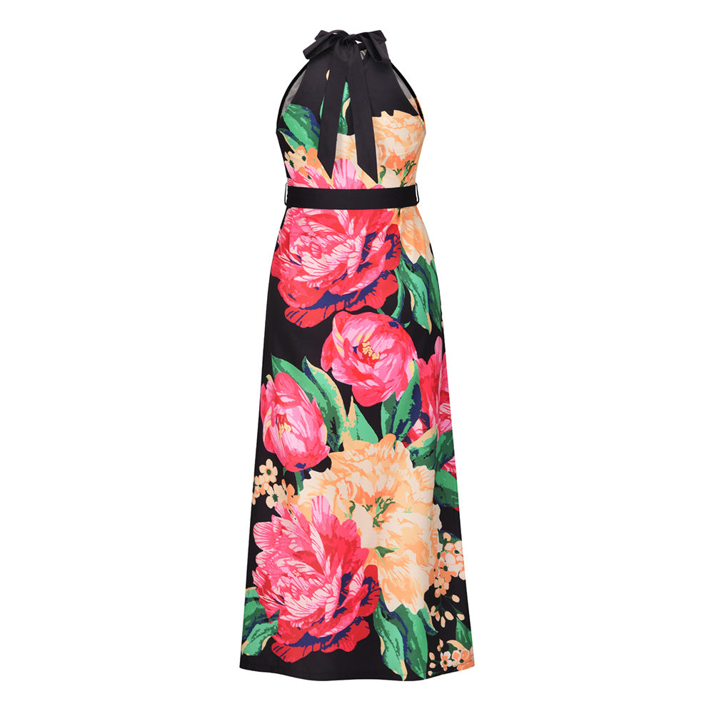 Summer Sleeveless Halter Rose Print Long Maxi Dresses