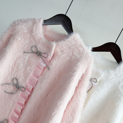 Lovely Mink Wool Bowknot Design Women Overcoat