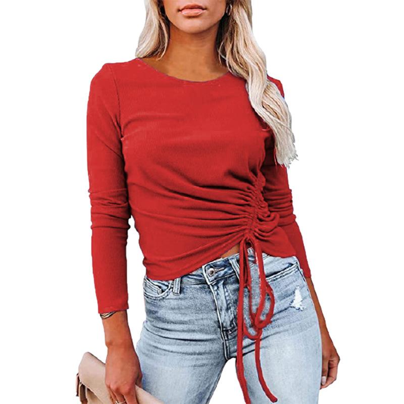 Women Drawstring Fall Long Sleeves T Shirts-STYLEGOING
