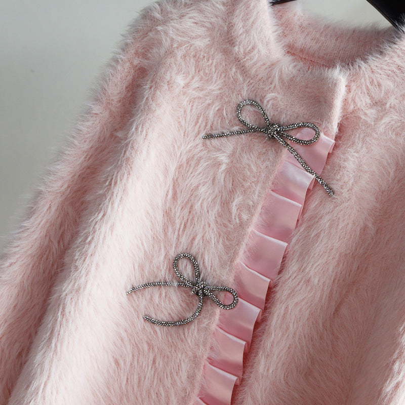 Lovely Mink Wool Bowknot Design Women Overcoat