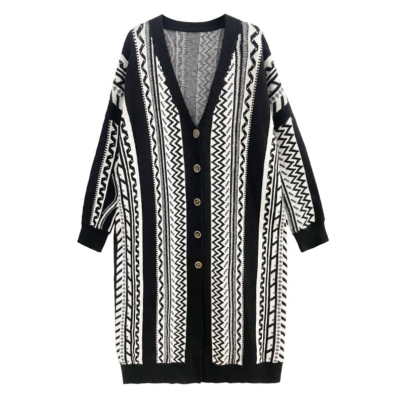 Casual Black Striped Long Knitting Cardigan Tops