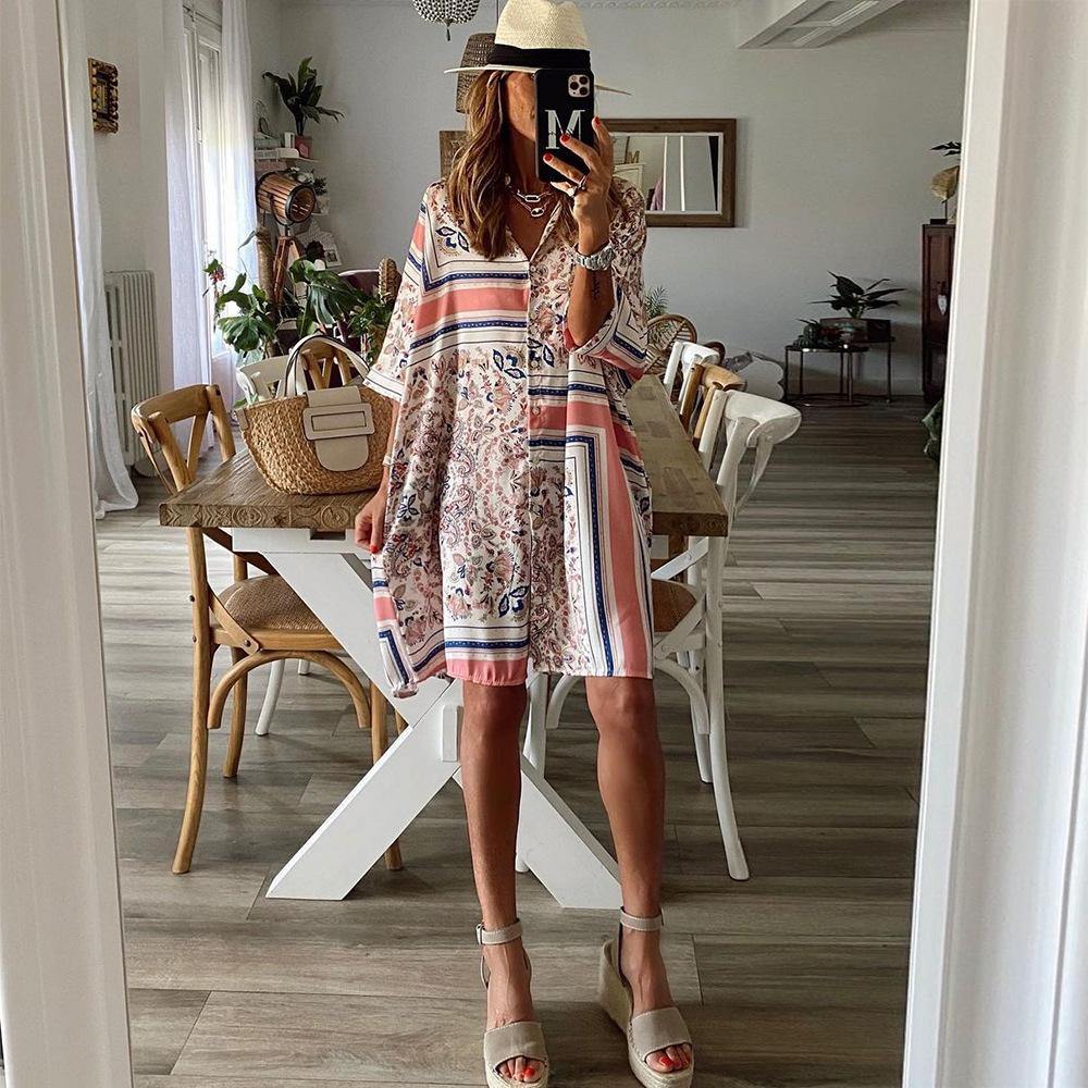 Summer Loose Geometry Polo Neck Dresses-STYLEGOING