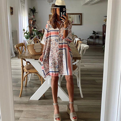 Summer Loose Geometry Polo Neck Dresses-STYLEGOING