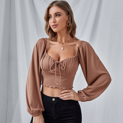 Sexy Midiriff Baring Strawing Long Sleeves Short Tops