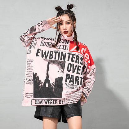 Plus Sizes Turtleneck Newspaper Print Women Sweaters