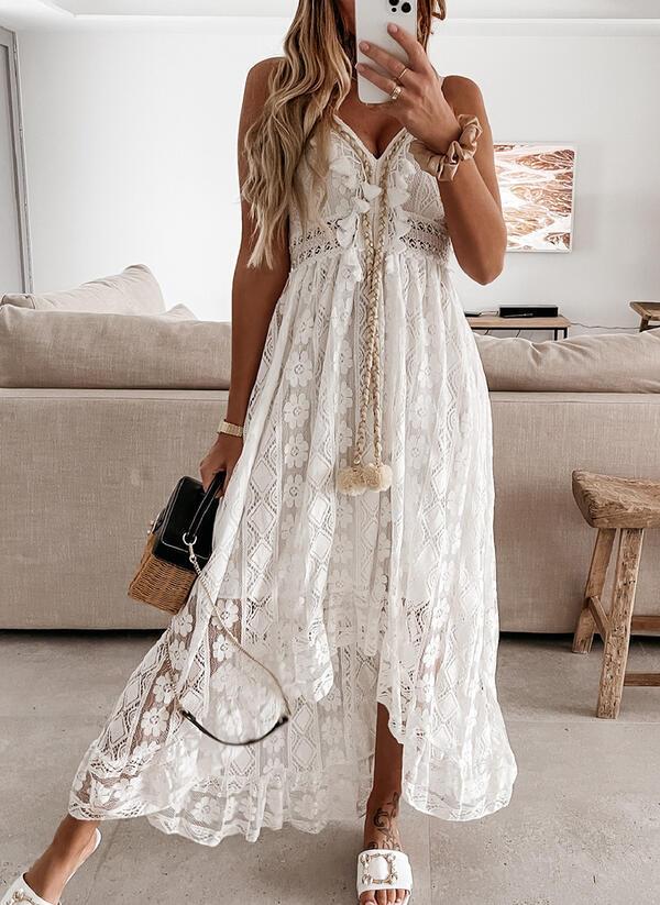 Summer Lace V Neck Sexy Midi Dresses-STYLEGOING