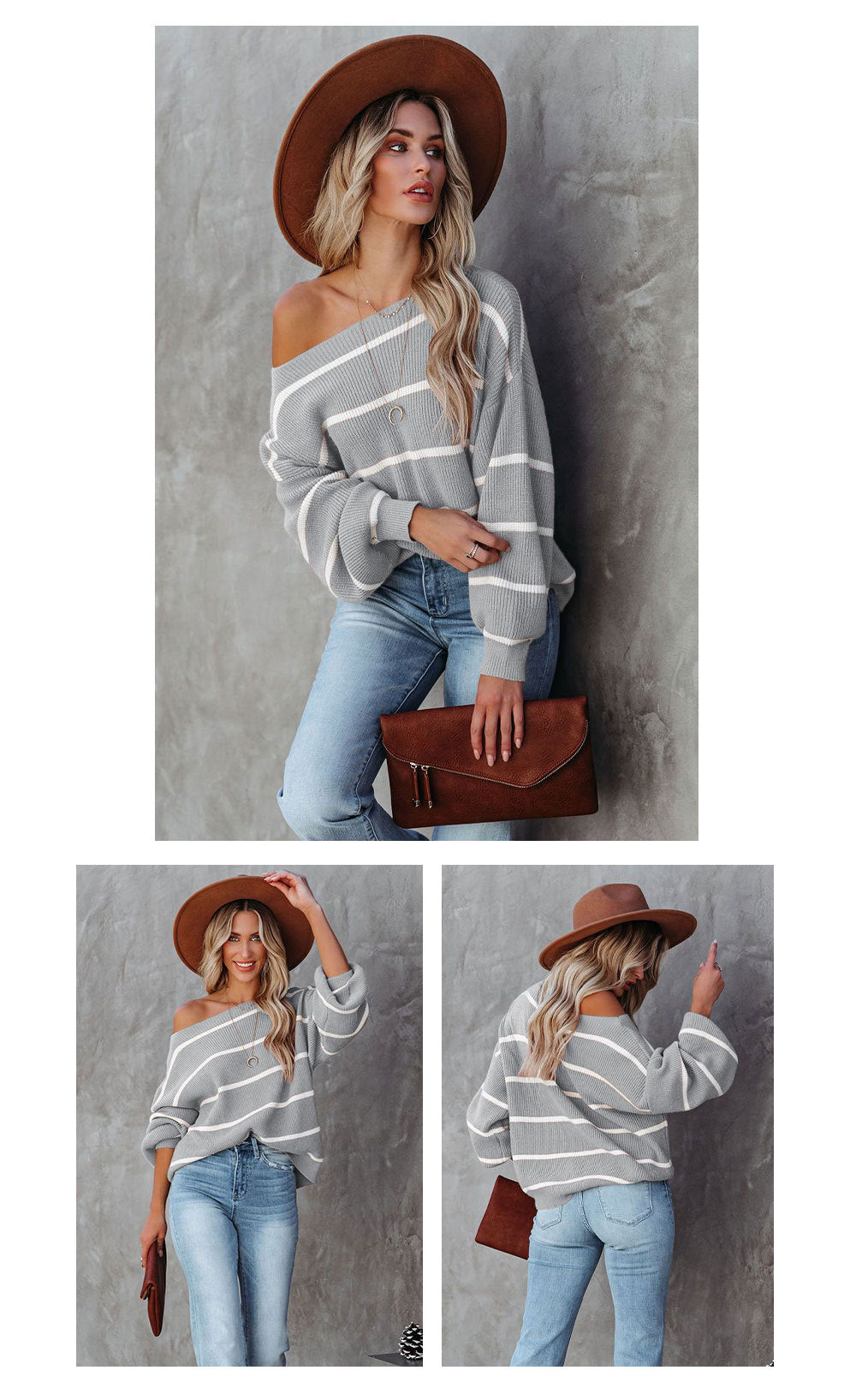 Women Off The Shoulder Striped Knitted Pullover Sweaters