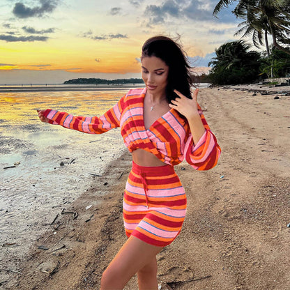 Red Striped Fall Knitted Women Dresses Suits