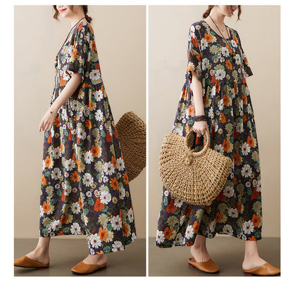 Vintage Flowers Design Summer Short Sleeves Long Cozy Dresses