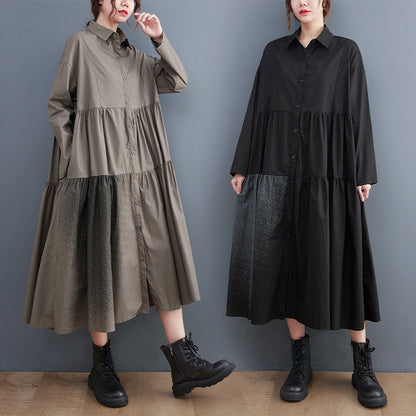 Women Turnover Collar Long Sleeves Shirts Dresses