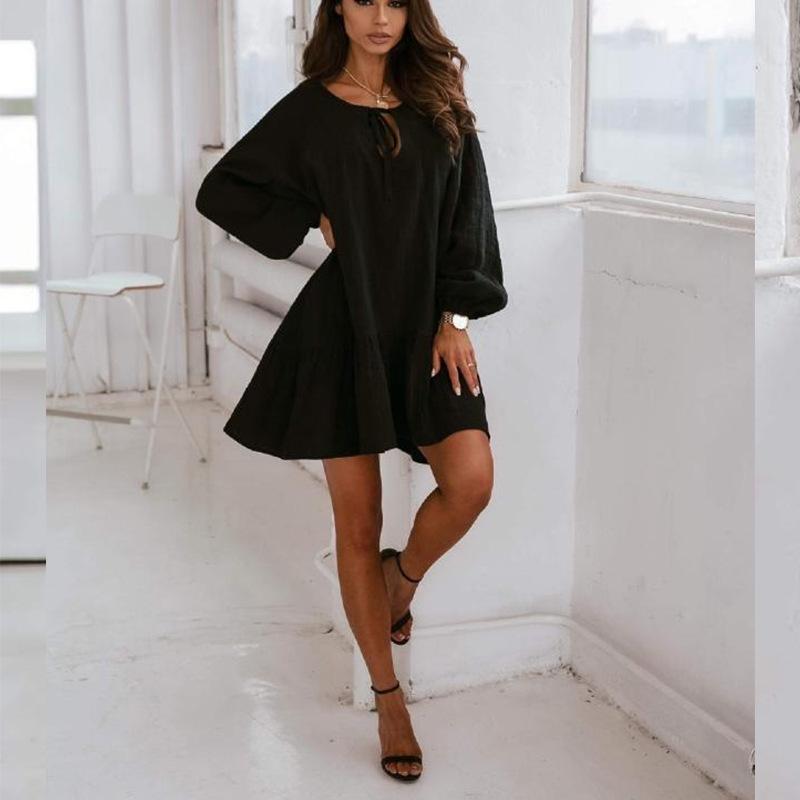 Women Lace Up Linen Long Sleeves Short Dresses-STYLEGOING