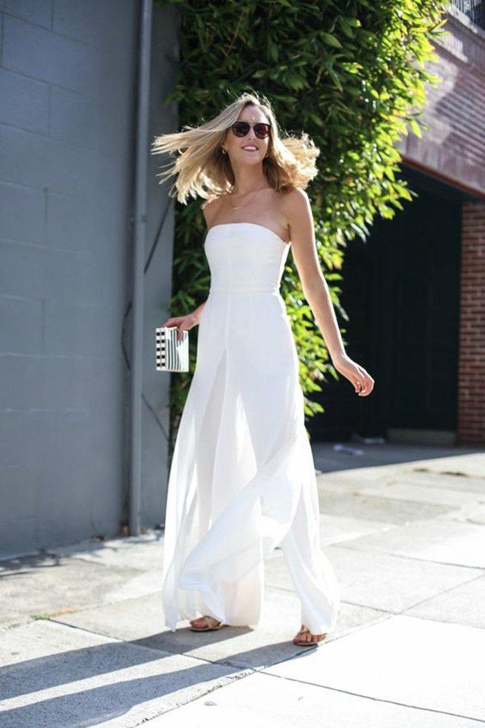 White Women Strapless Chiffon Jumpsuits-STYLEGOING