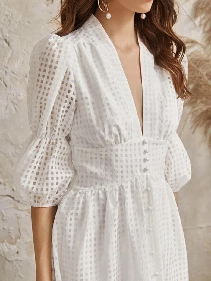 White Classy High Waist Plaid Long Dresses-STYLEGOING