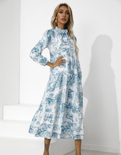 Women Round Neck Loose Fall Long Dresses-STYLEGOING