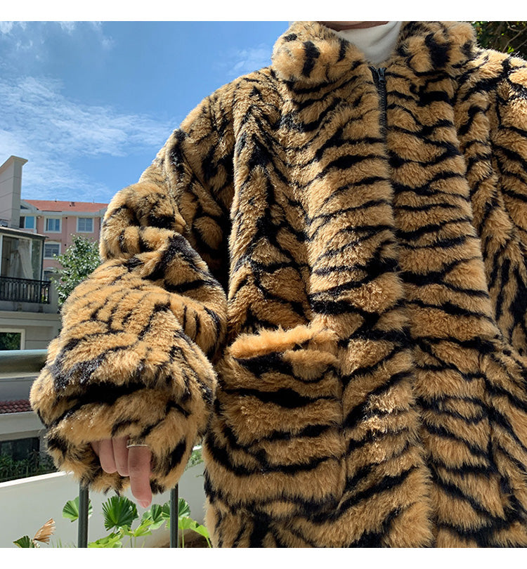 Casual Vintage Artificial Fur Tiger Print Overcoat for Men