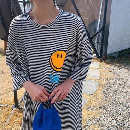 Summer Short Sleeves Striped T Shirt Dress-STYLEGOING