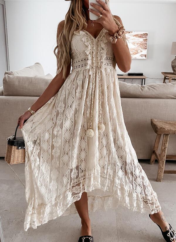 Summer Lace V Neck Sexy Midi Dresses-STYLEGOING