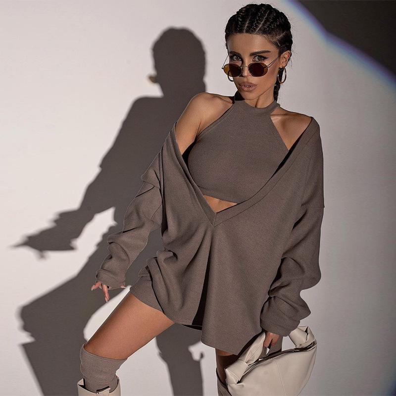 Sexy Knitting Tank Tops+Long Sleeves Pullover Sweaters Sets