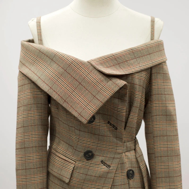 Luxury Off The Shoulder Plaid Irregular Blazer Overcoat