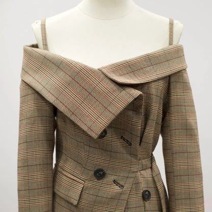 Luxury Off The Shoulder Plaid Irregular Blazer Overcoat