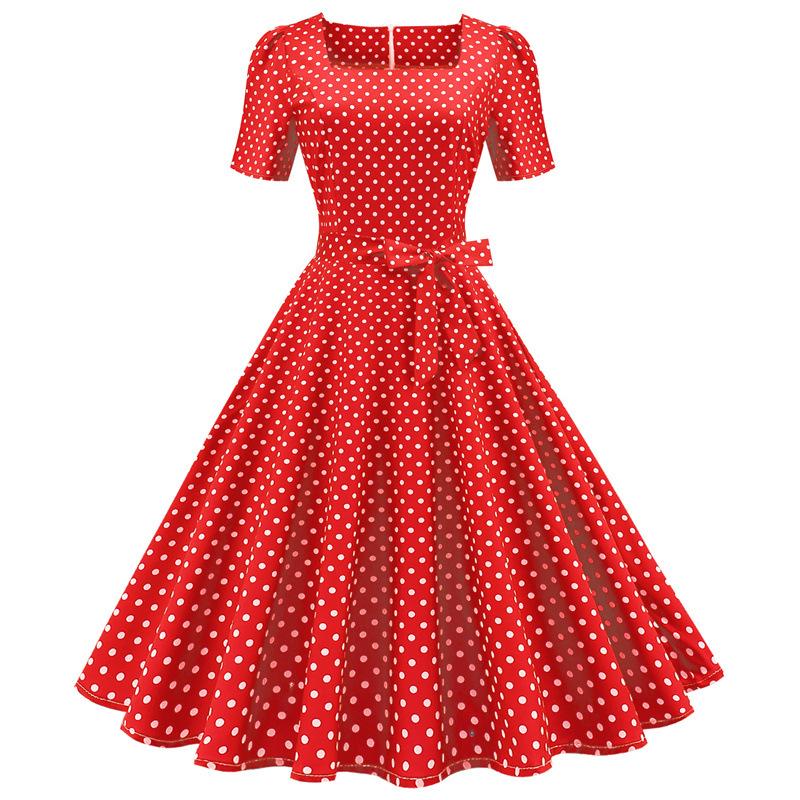 Short Sleeve Square Neckline Print Dot Dresses-STYLEGOING