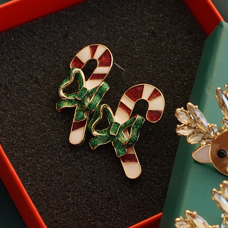 Merry Christmas Walking Stick Design Stubs Earrings