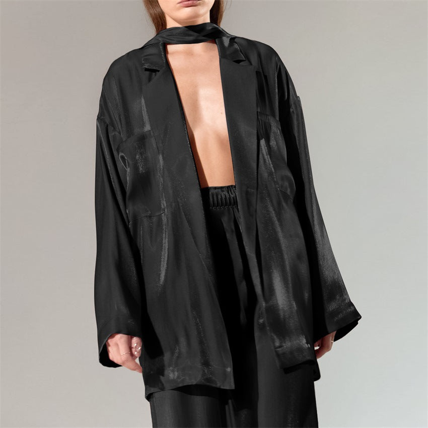 Casual Satin Women Long Sleeves Shirts and Wide Leg Pants