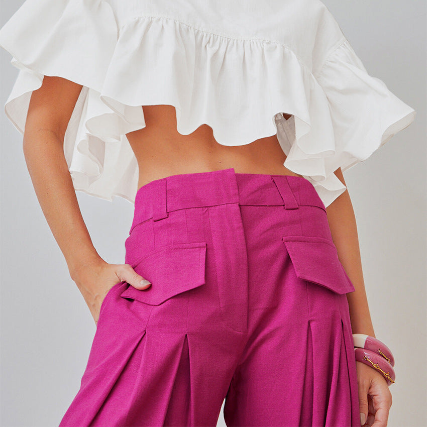 Rose Red High Waist Wide Legs Pants for Women