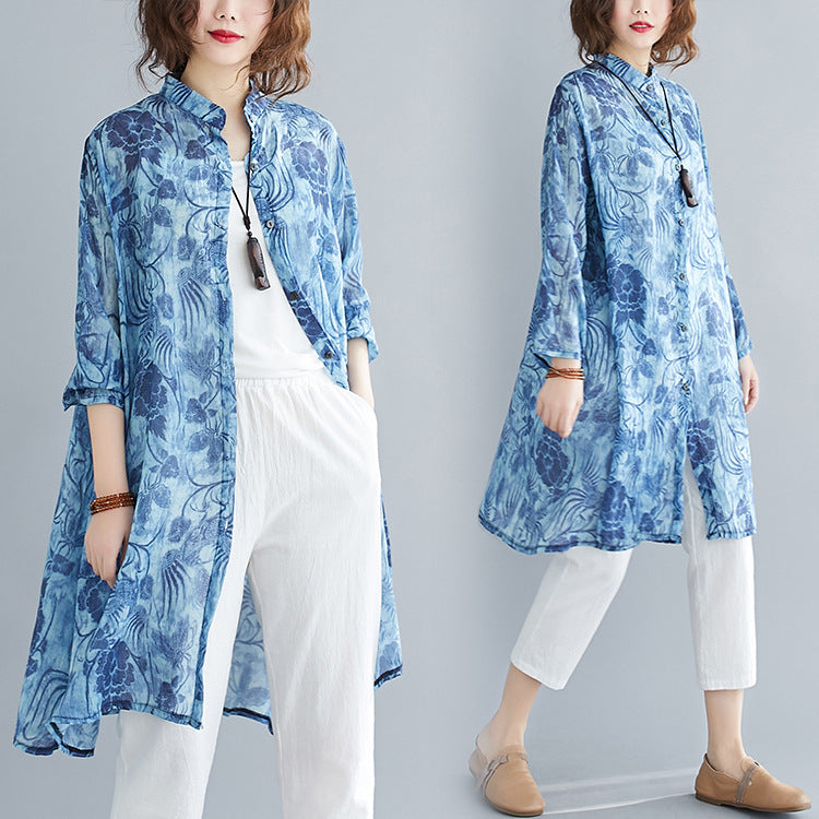 Blue Plus Sizes Long Women Shirts