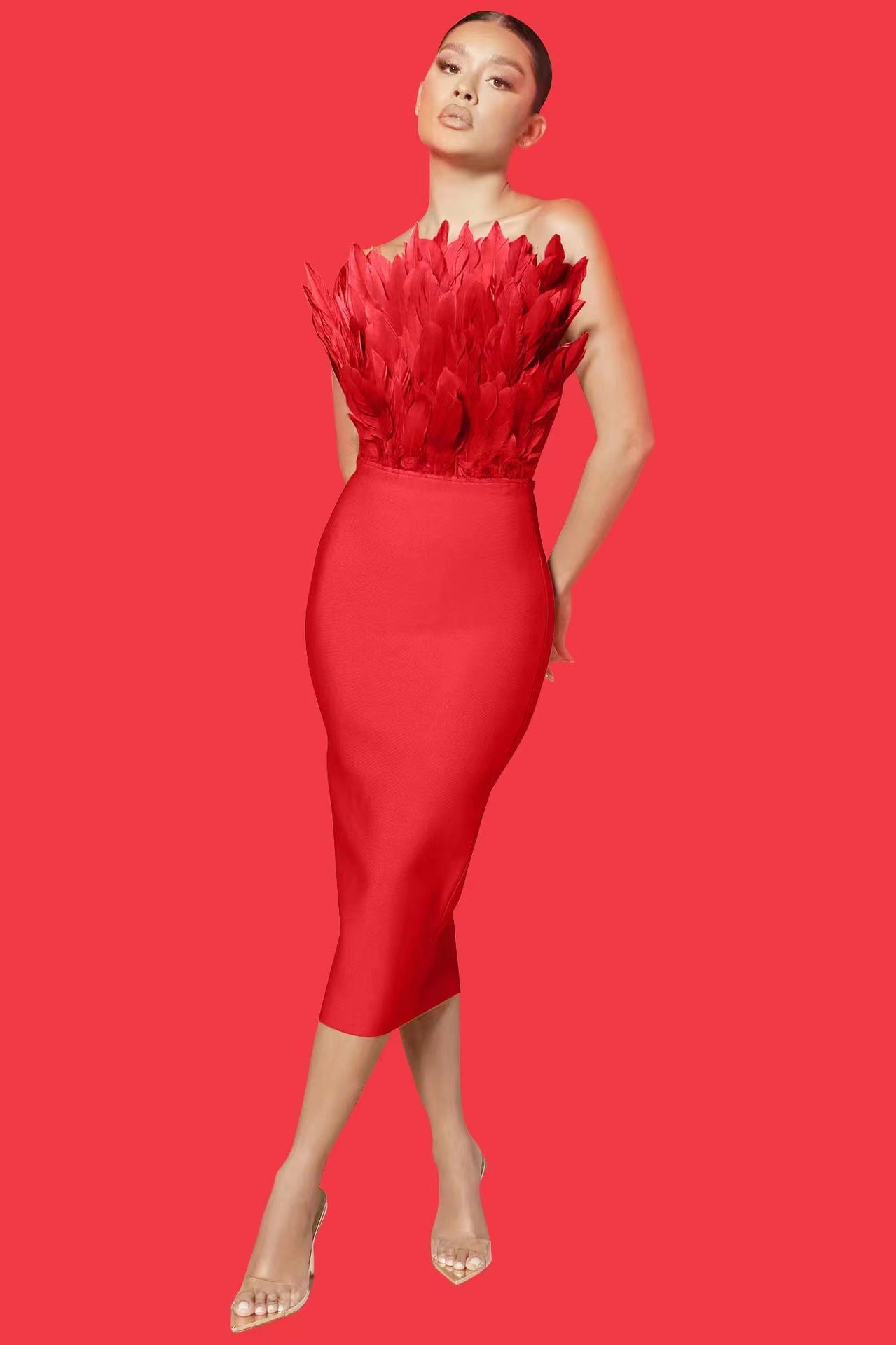 Sexy Designed Feather Sheath Evening Party Dresses