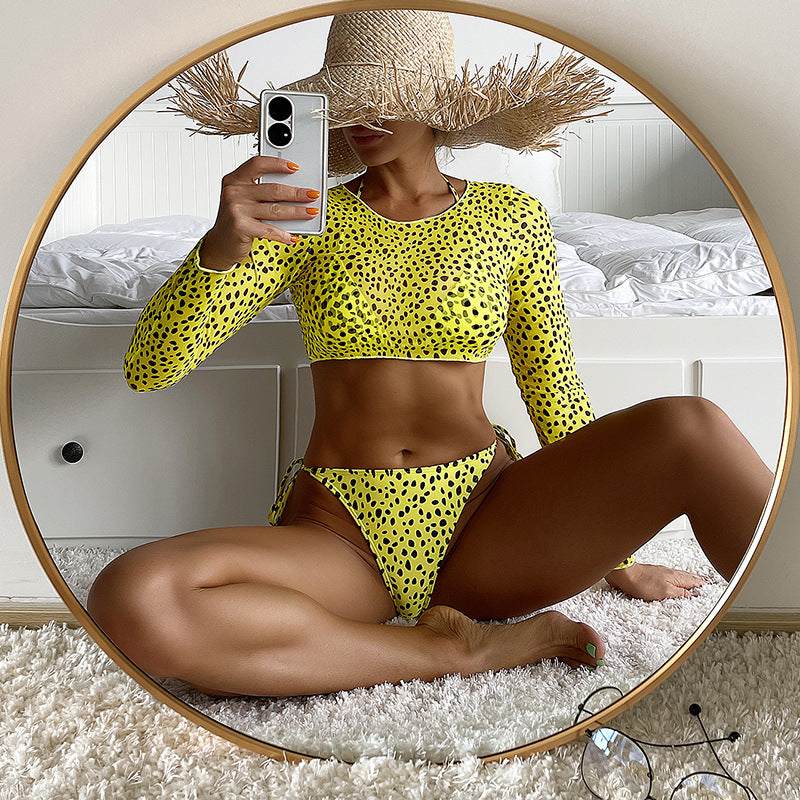 Sexy Long Sleeves Leopard Three Pieces Women Bikinis Swimwear