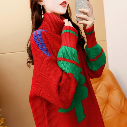 Merry Christmas Turtleneck Tree Design Women Knitting Sweaters