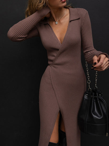 Sexy Polo Neckline Tight Knitted Dresses