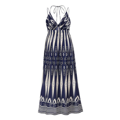 Summer Women V Neck Backless Long Maxi Dresses-STYLEGOING