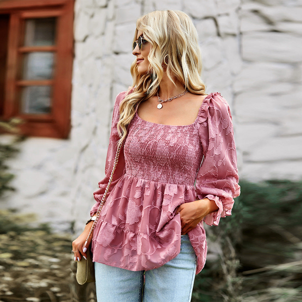 Square Neckline Fall Long Sleeves Shirts
