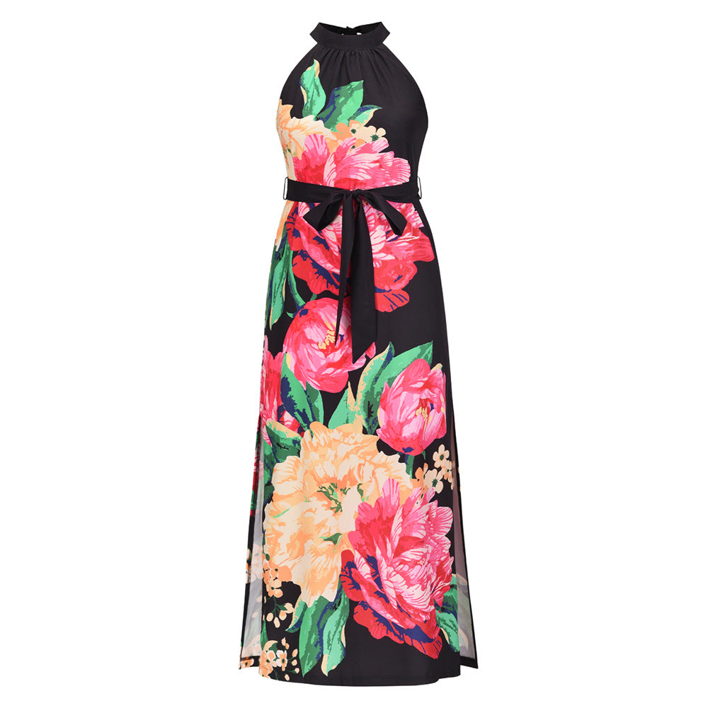 Summer Sleeveless Halter Rose Print Long Maxi Dresses