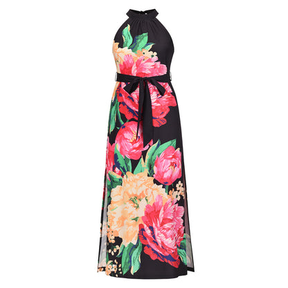 Summer Sleeveless Halter Rose Print Long Maxi Dresses