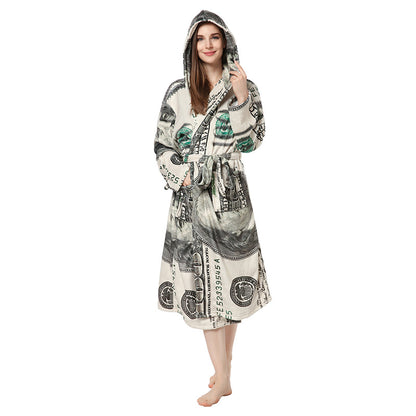 Casual Dollar Print Fleece Warm Sleepwear Night Gown