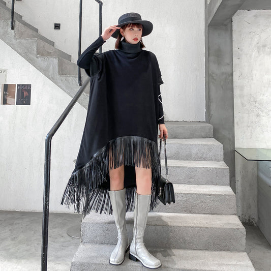 Vintage Tassels Turtleneck Black Dresses for Women