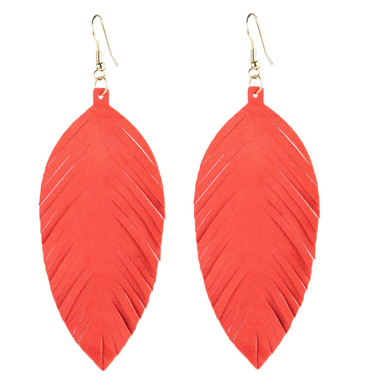 Leaves Designed Tassels Pu Leather Women Earrings