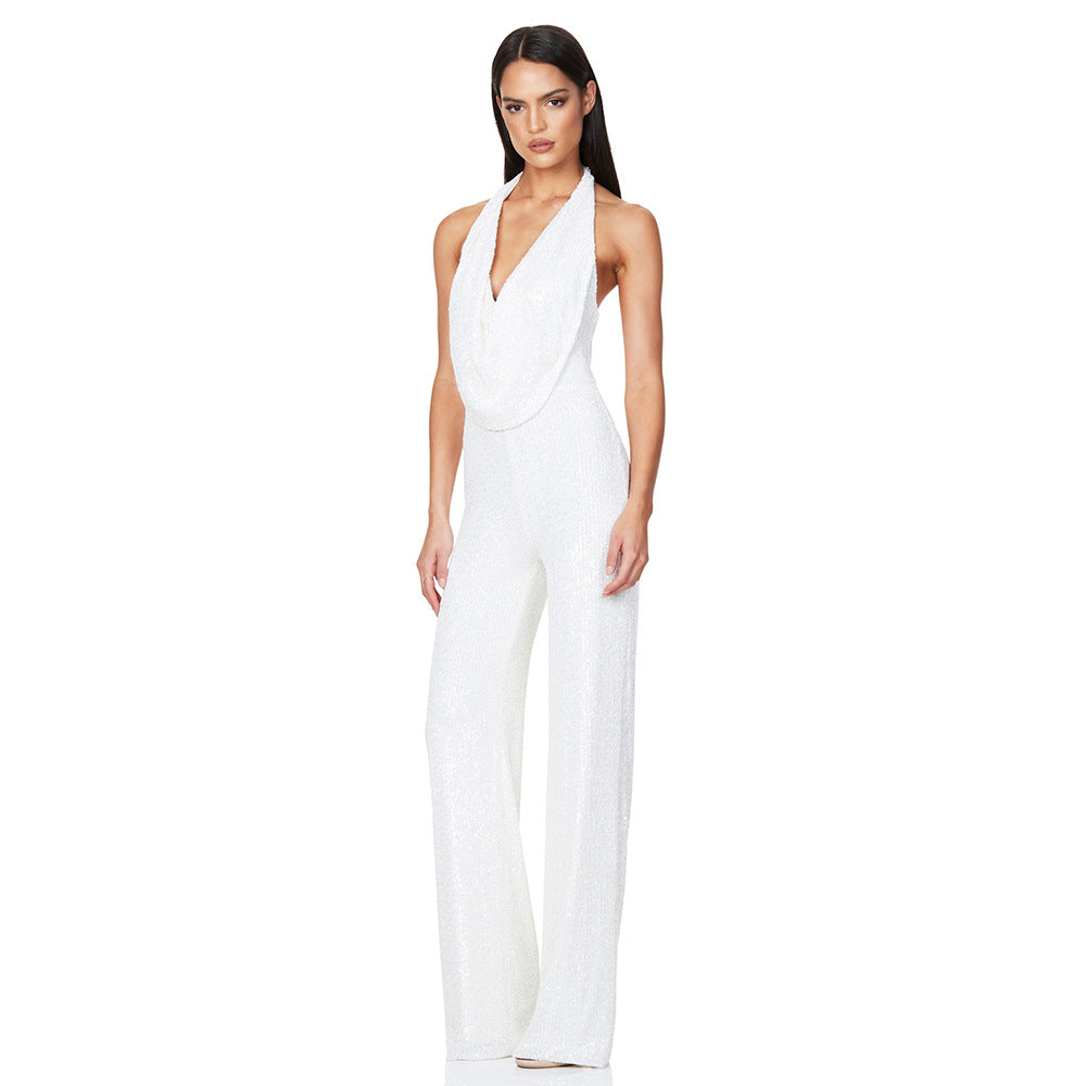 Sexy Deep V Neck Backless Sequined Sleeveless Jumpsuits