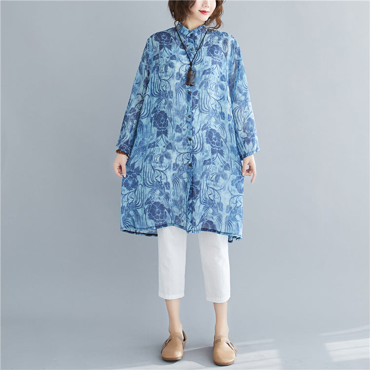 Blue Plus Sizes Long Women Shirts