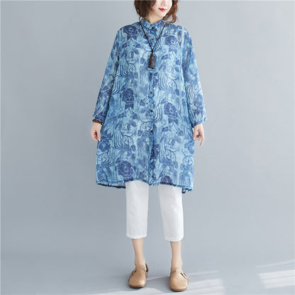 Blue Plus Sizes Long Women Shirts