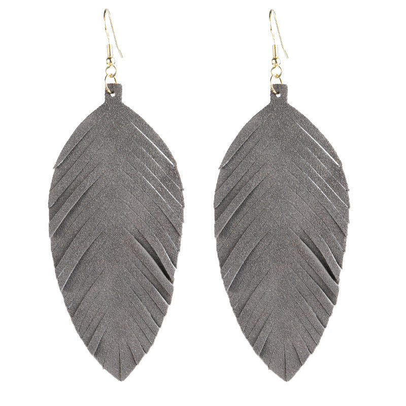 Leaves Designed Tassels Pu Leather Women Earrings