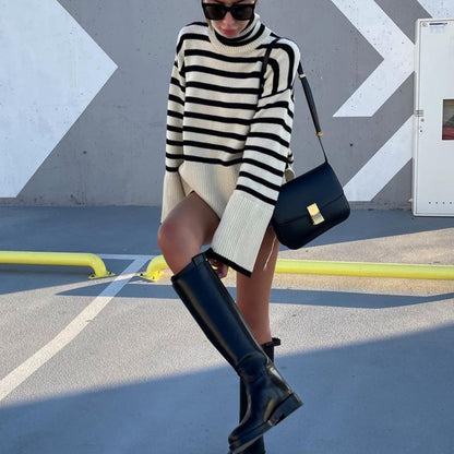 Women High Neck Knitting Striped Sweaters