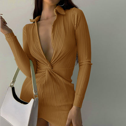 Sexy Polo Neckline Long Sleeves Mini Dresses