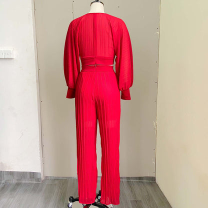 Sexy Women Two Pieces Long Sleeves Short Tops and Wide Legs Pants
